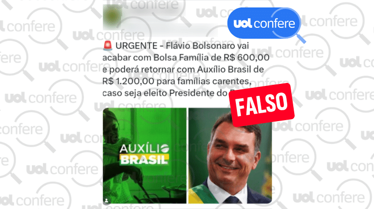 Card de checagem sobre falsa alegação relacionada ao Bolsa Família atribuída a Flávio Bolsonaro