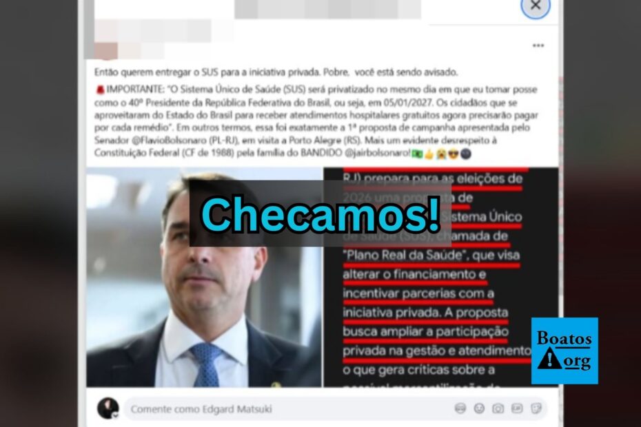 Card de checagem sobre falsa alegação de privatização do SUS atribuída a Flávio Bolsonaro