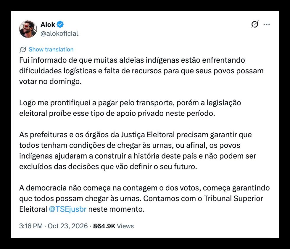 Alok cobra TSE por transporte de indígenas no 2º turno