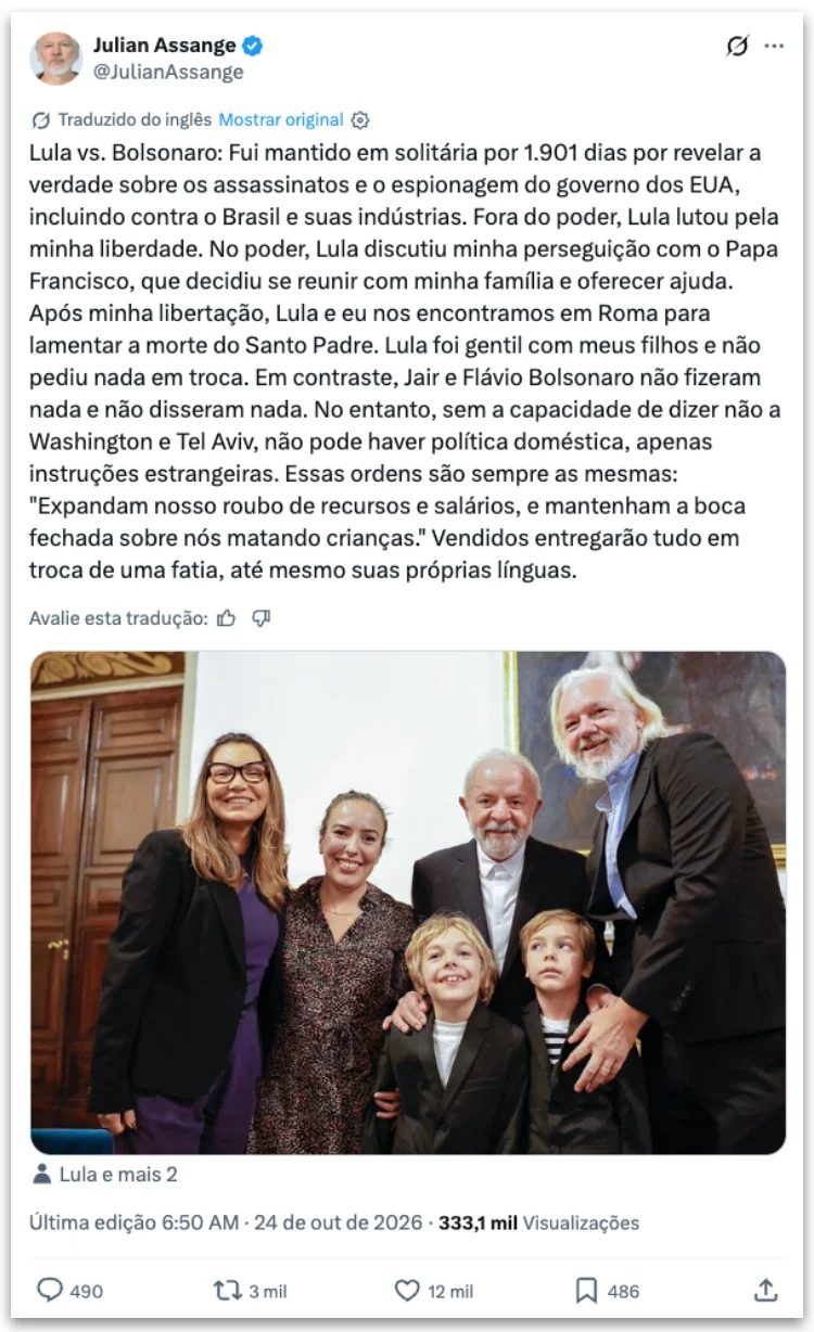 Assange diz que Lula lutou por sua liberdade e critica Bolsonaros