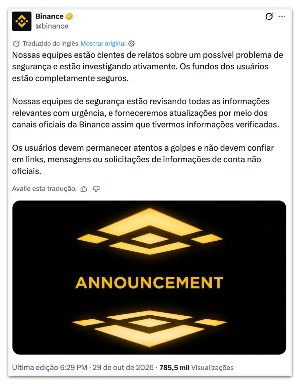 Binance congela US$ 2,54 bi após suspeita de ataque hacker