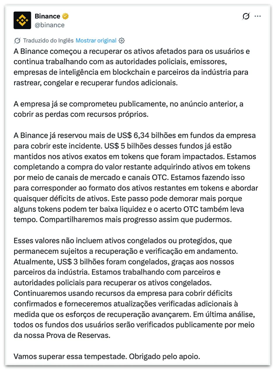 Binance diz que “começou a recuperar” os US$ 6,3 bi roubados