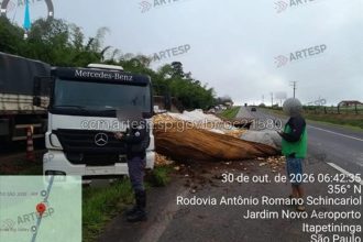 Carreta carregada com batatas tomba e espalha carga em rodovia de Itapetininga