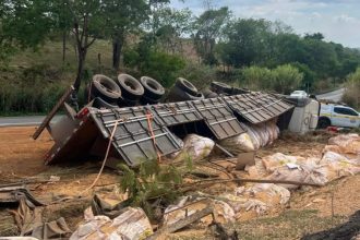 Carreta carregada com soja tomba e motorista morre em rodovia no interior de MG