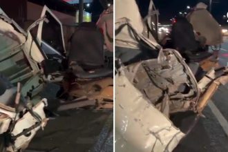 Carro fica partido ao meio após colidir com poste na BR-116 e duas pessoas ficam feridas no RS