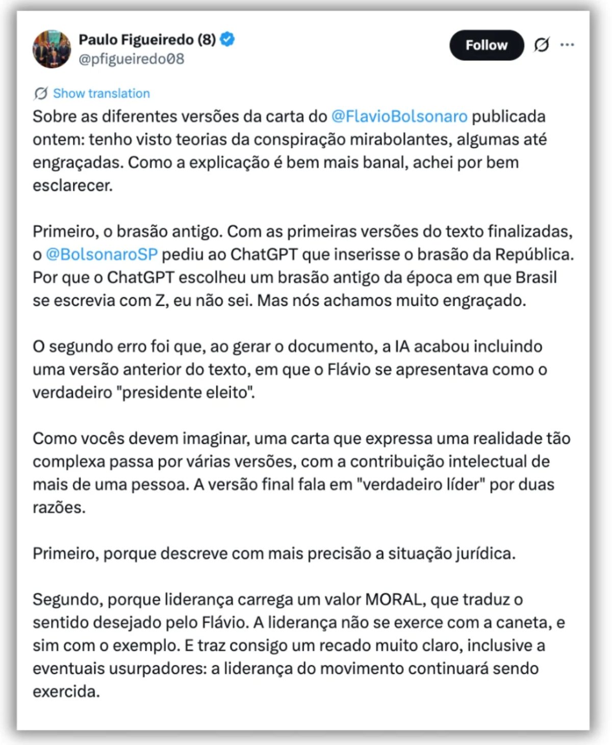 Carta de Flávio Bolsonaro foi redigida com ajuda do ChatGPT