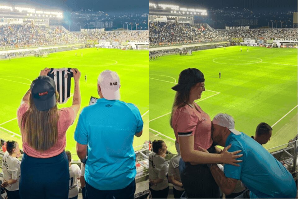 Casal anuncia gravidez durante jogo do Santos na Vila Belmiro e viraliza; VÍDEO