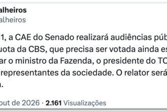 Comissão do Senado analisa alíquota da CBS a partir de 11 de novembro