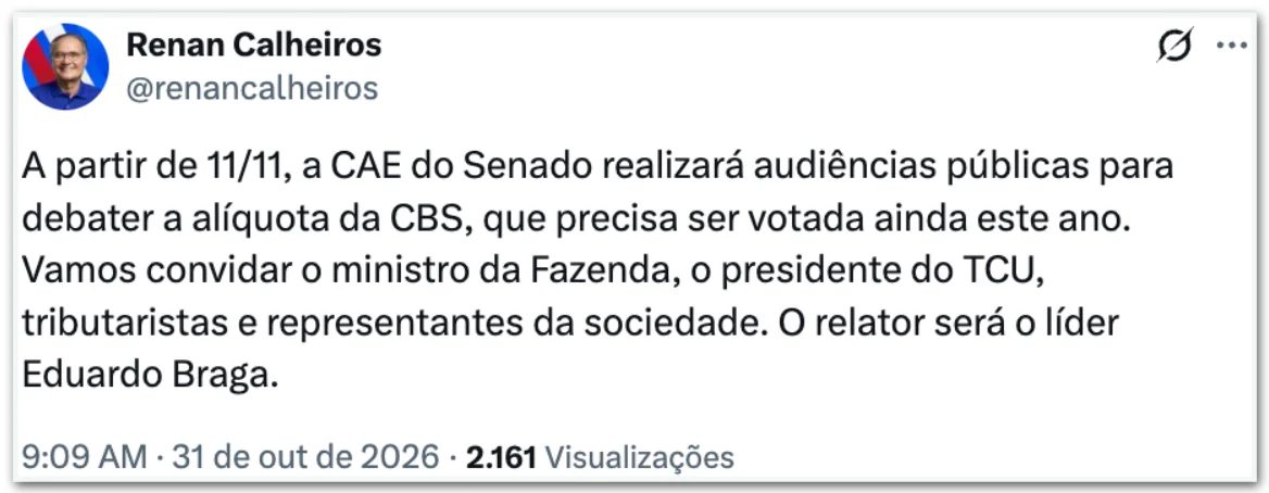 Comissão do Senado analisa alíquota da CBS a partir de 11 de novembro