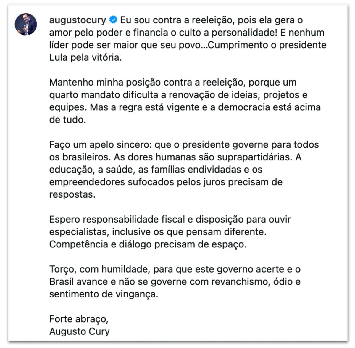 Cury, que declarou apoio a Flávio, cumprimenta Lula pela vitória