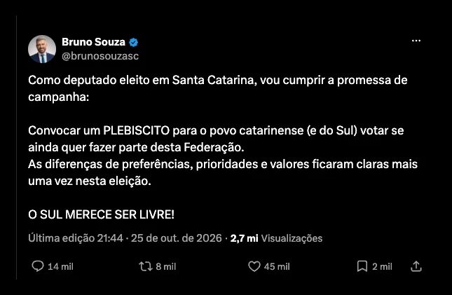 Deputado do PL propõe plebiscito sobre separação do Sul