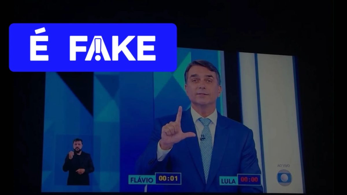 É #FAKE que Flávio Bolsonaro fez o 'L' durante debate da Globo; imagem foi fabricada com inteligência artificial