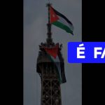 É #FAKE vídeo de bandeira da Palestina erguida no topo da Torre Eiffel; cena foi criada com IA