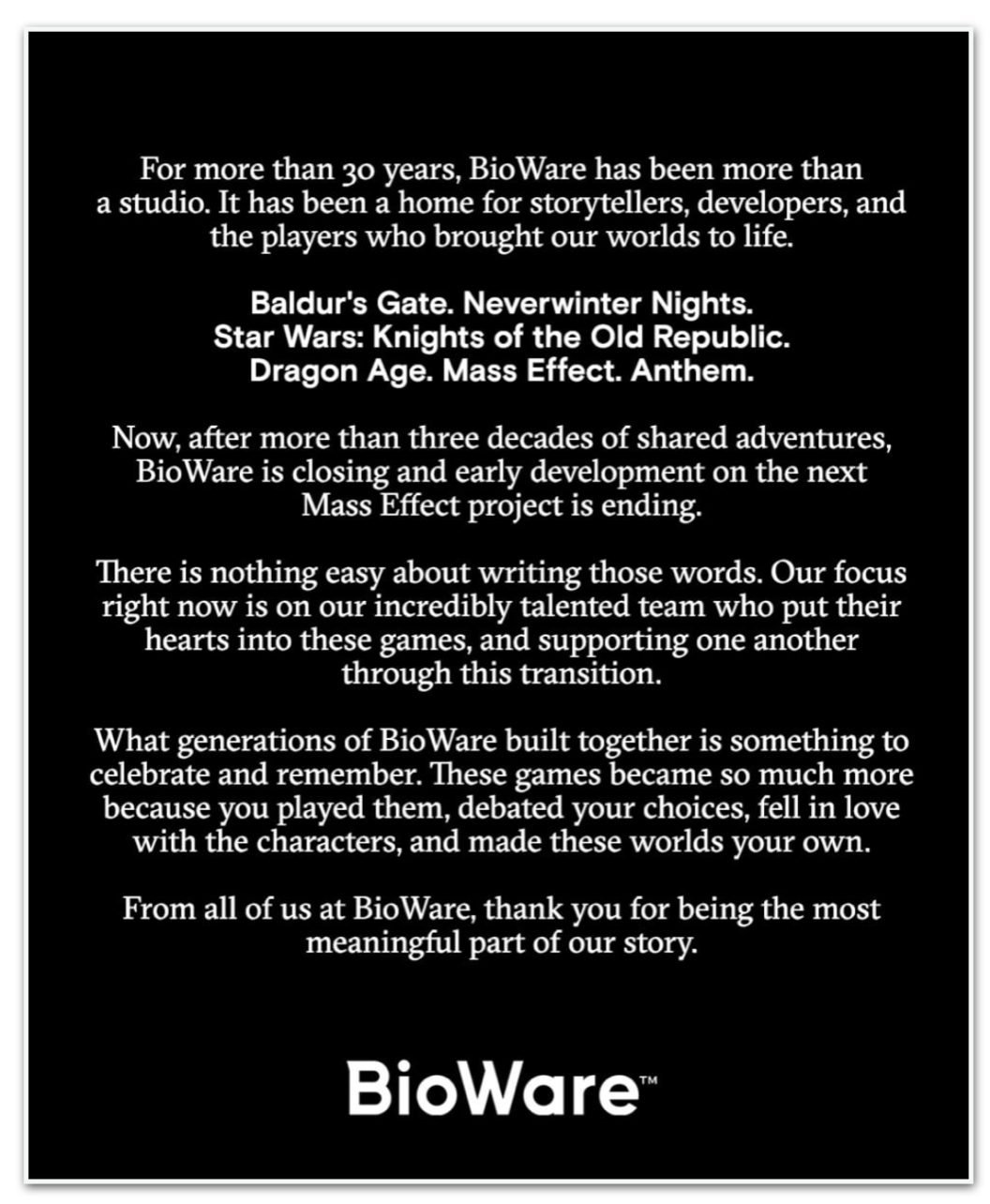 EA fecha BioWare, estúdio de franquias “Mass Effect” e “Dragon Age”
