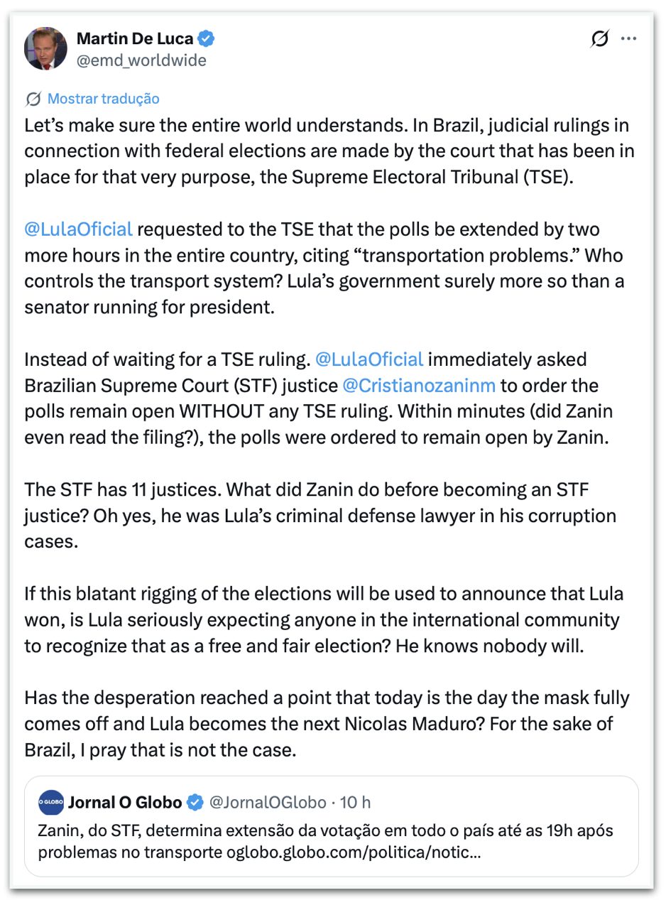 Filho de Trump compartilha post que chama Lula de “próximo Maduro”