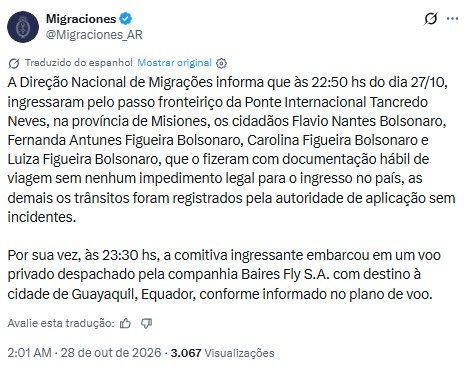 Flávio Bolsonaro e família cruzaram fronteira e seguiram em voo privado para o Equador, diz Migração argentina