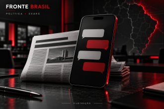 Ilustração editorial de celular com balões de conversa e jornal, nas cores da FRONTE Brasil.