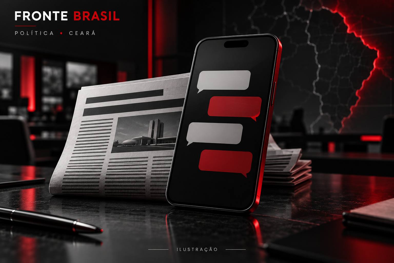 Ilustração editorial de celular com balões de conversa e jornal, nas cores da FRONTE Brasil.