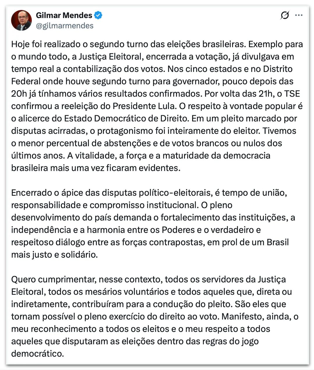 Gilmar Mendes diz que “é tempo de união” após reeleição de Lula