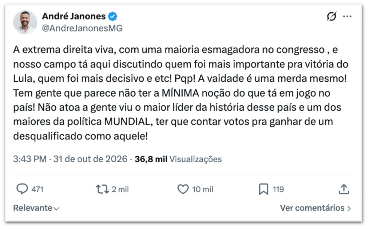 Janones critica disputa por vitória de Lula: “A vaidade é uma merda”
