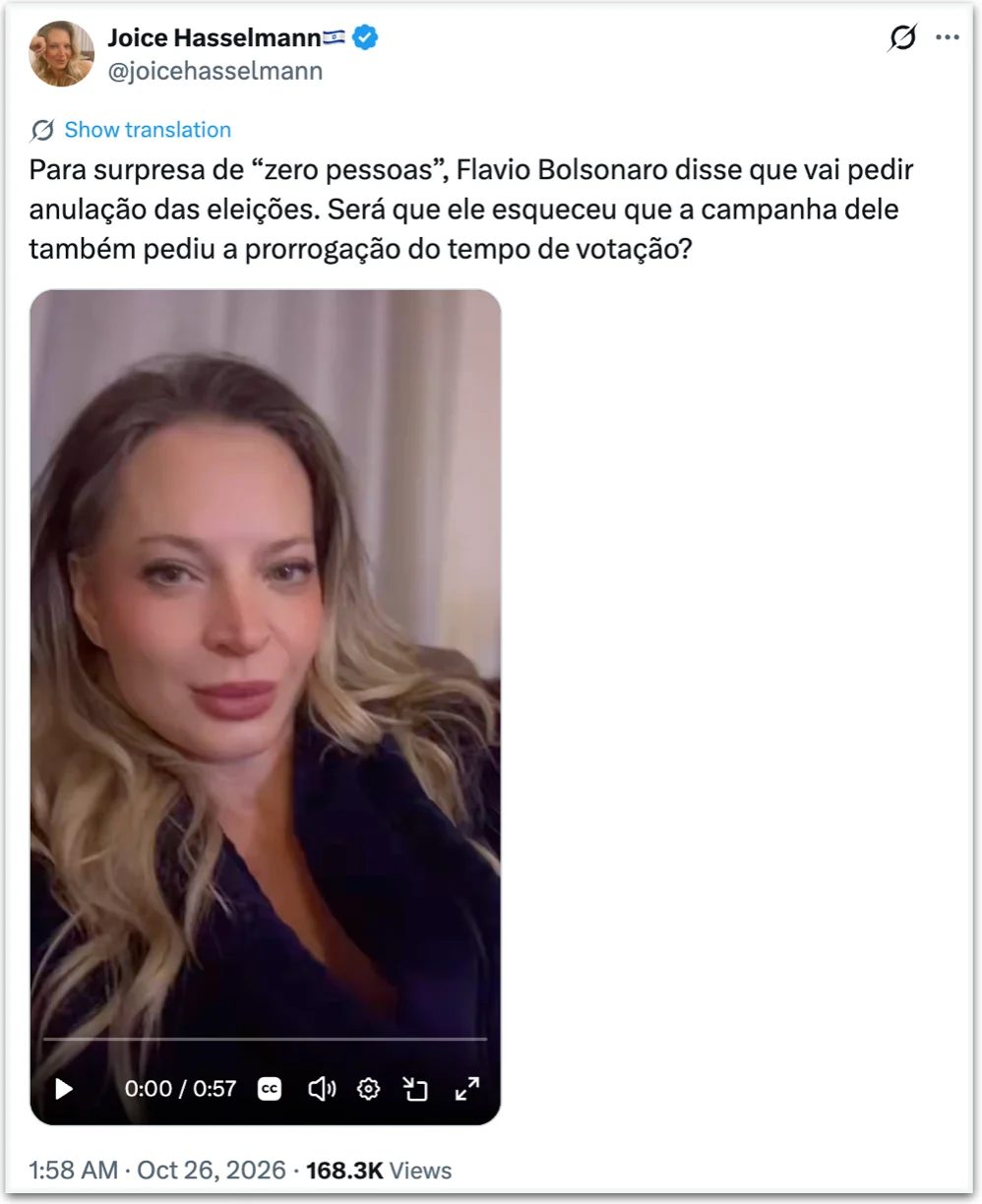 Joice Hasselmann ironiza Flávio por querer anular eleição