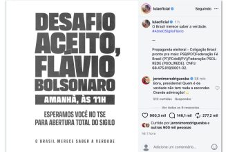 Lula faz convite a Flávio para abrir sigilos nesta 5ª feira no TSE