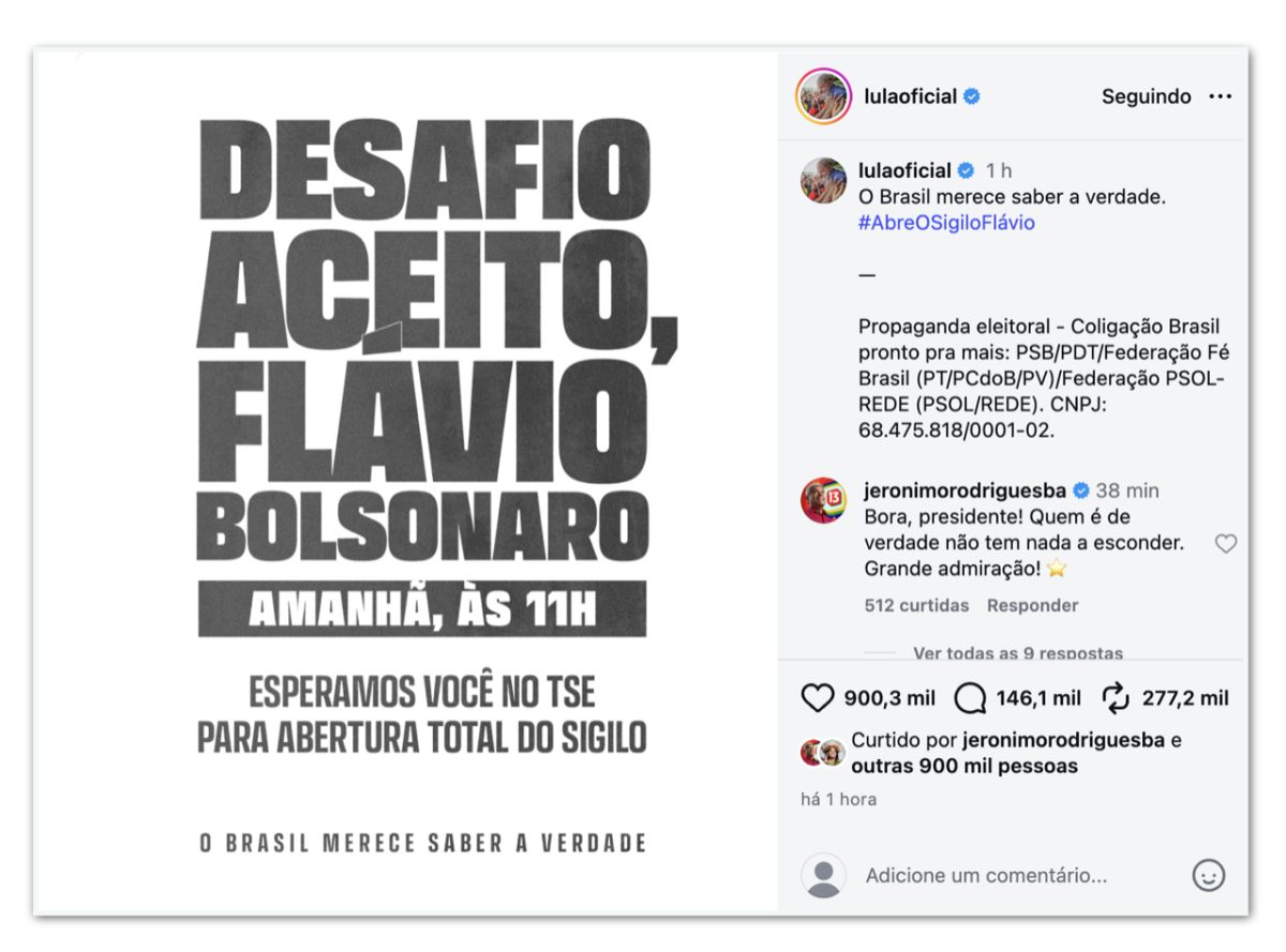 Lula faz convite a Flávio para abrir sigilos nesta 5ª feira no TSE