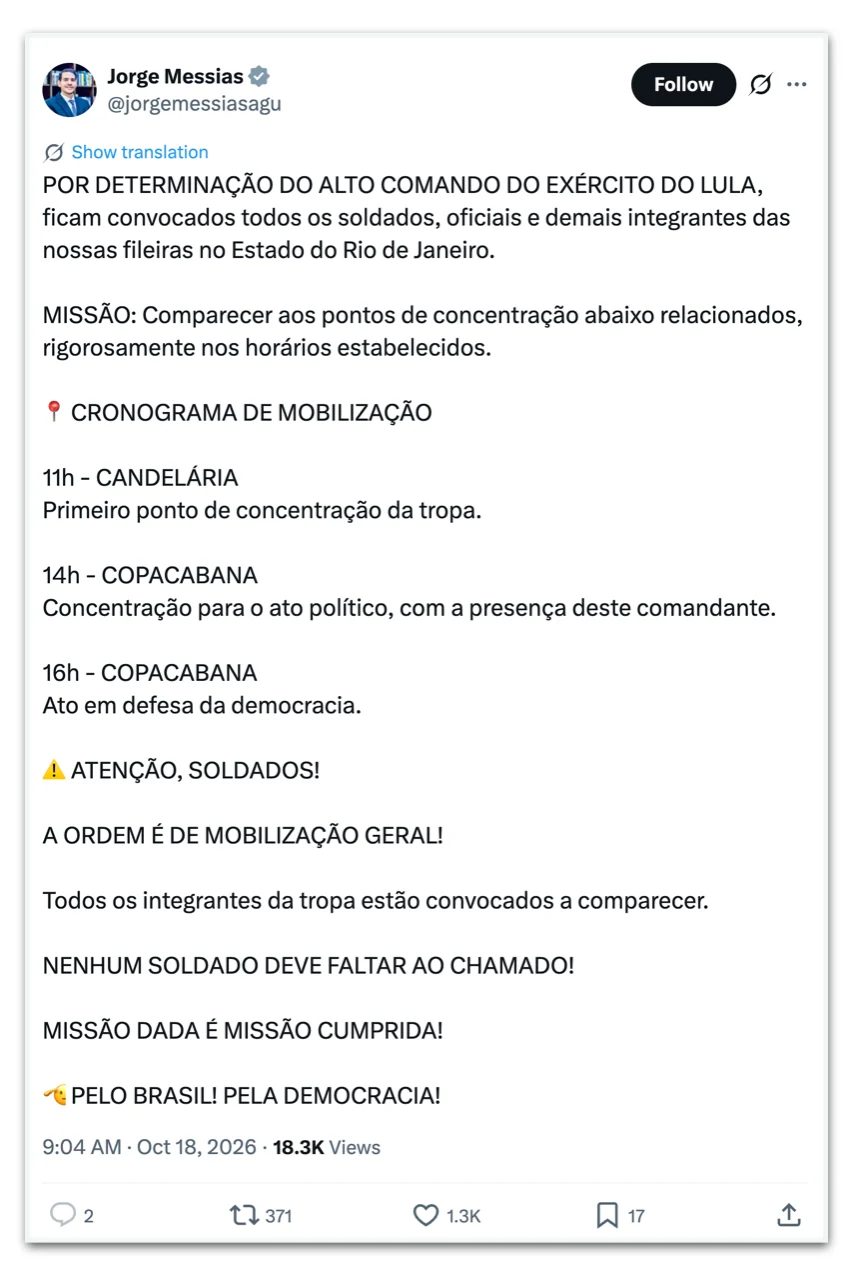 Messias convoca integrantes do Exército do Lula para atos no RJ