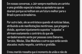 Michelle vira porta-voz de Bolsonaro e diz que momento é de “união”