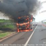Micro-ônibus escolar pega fogo em rodovia do interior de SP; ninguém se feriu