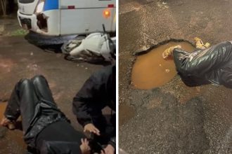 Motociclista fica ferida após bater em ônibus em avenida esburacada de Campo Grande