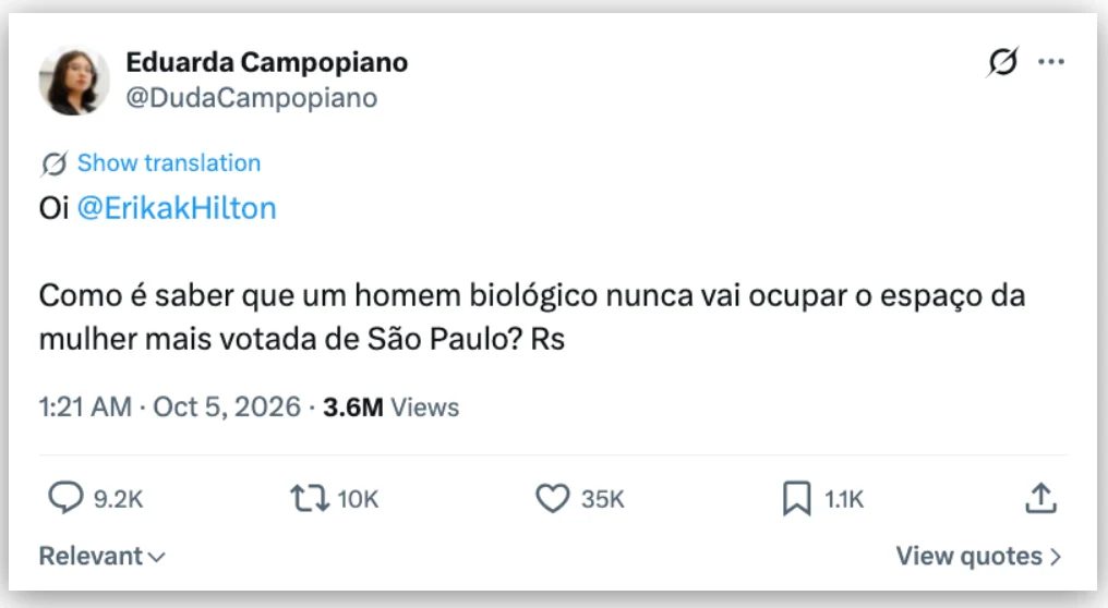 MP pede condenação de Campopiano por transfobia contra Erika Hilton