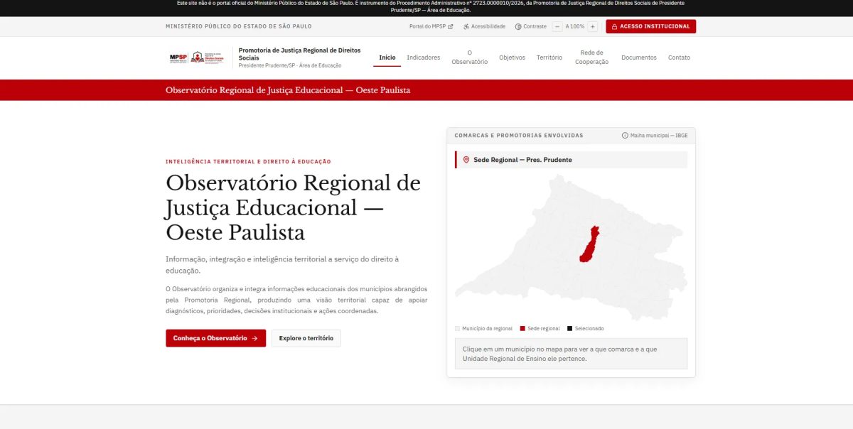 MP-SP lança plataforma com dados de 806 escolas públicas de 75 municípios do Oeste Paulista