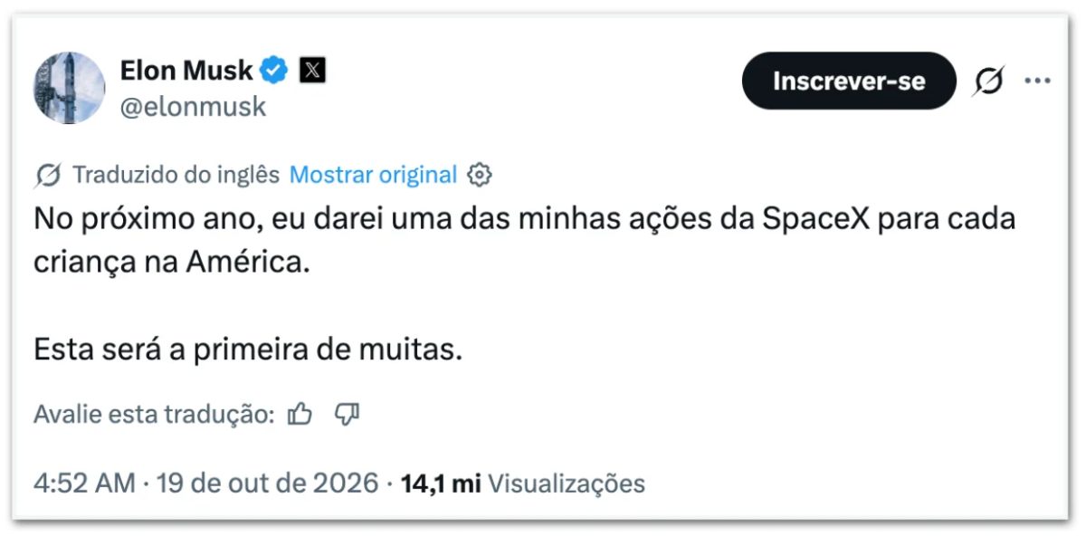 Musk diz que doará ações da SpaceX para crianças nos EUA