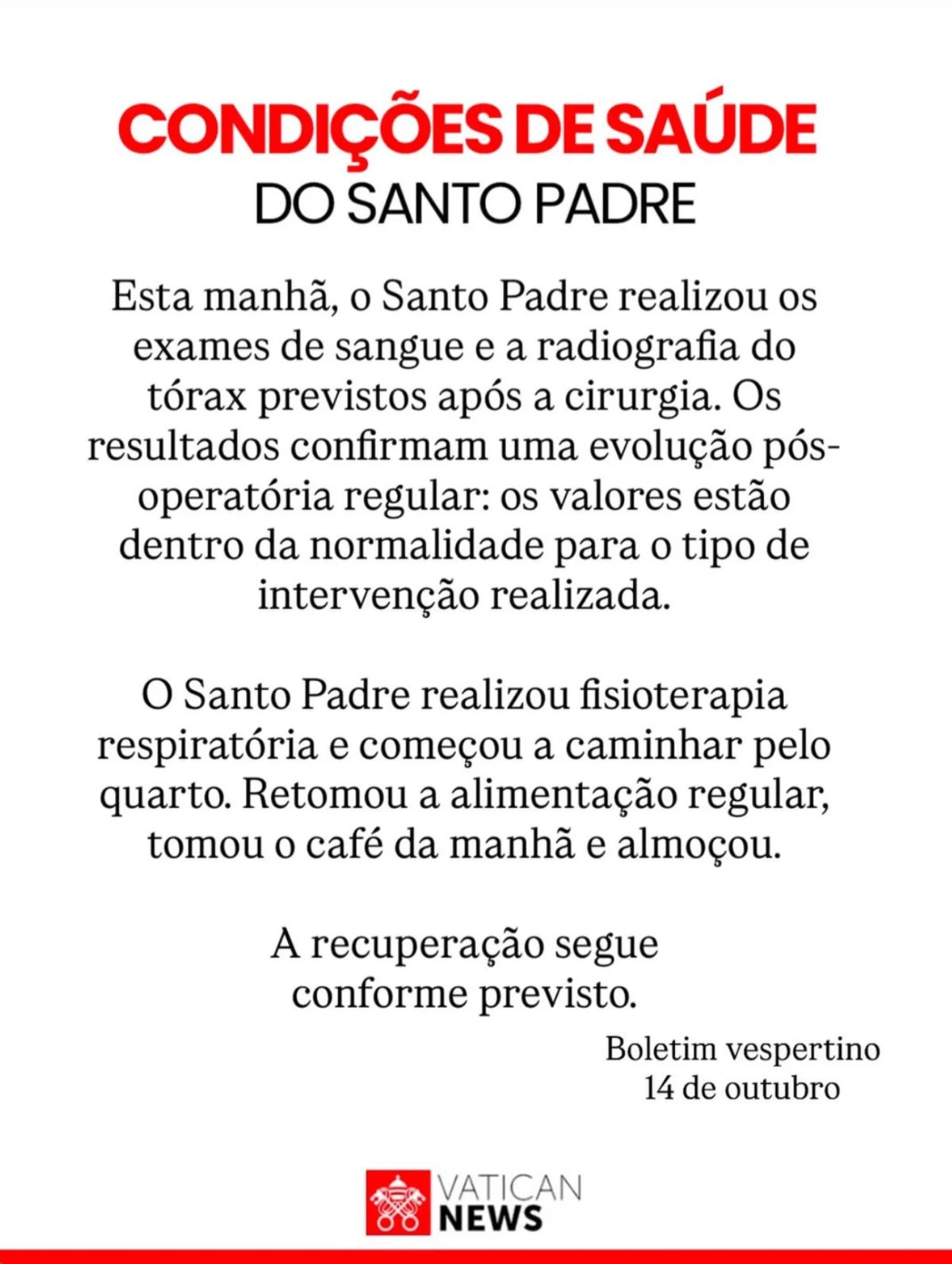 Papa Leão 14 volta a caminhar 1 dia após retirada de tumor no pulmão