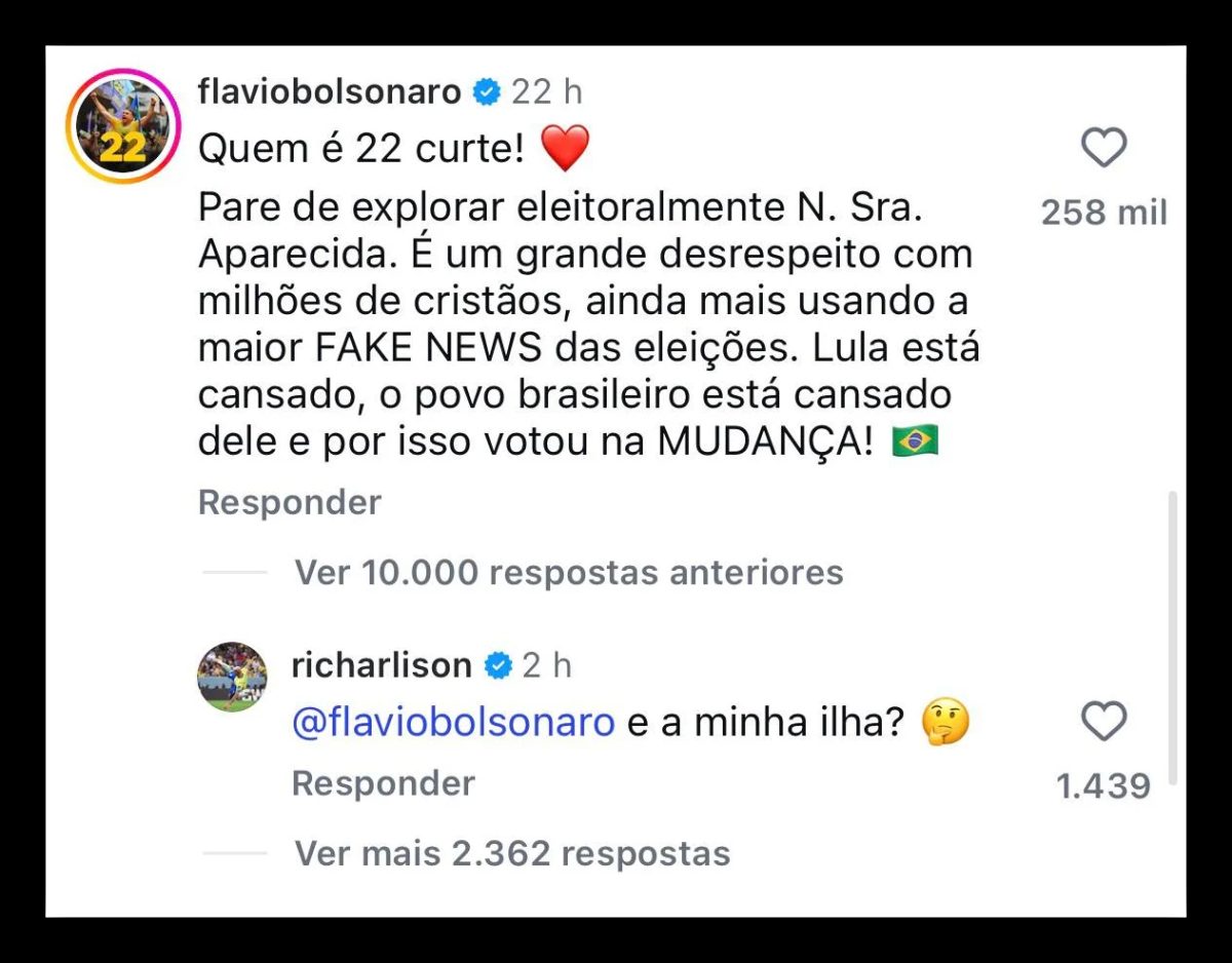 Richarlison questiona Flávio Bolsonaro sobre “ilha” em post