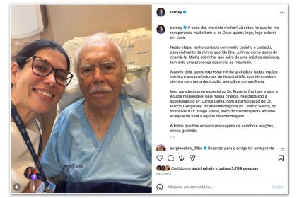 Sarney diz que se recupera bem e espera voltar para casa