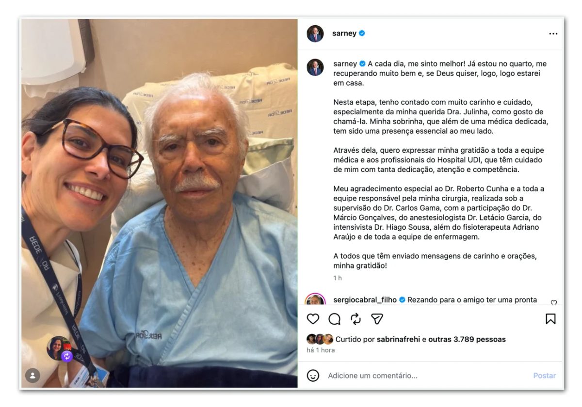 Sarney diz que se recupera bem e espera voltar para casa