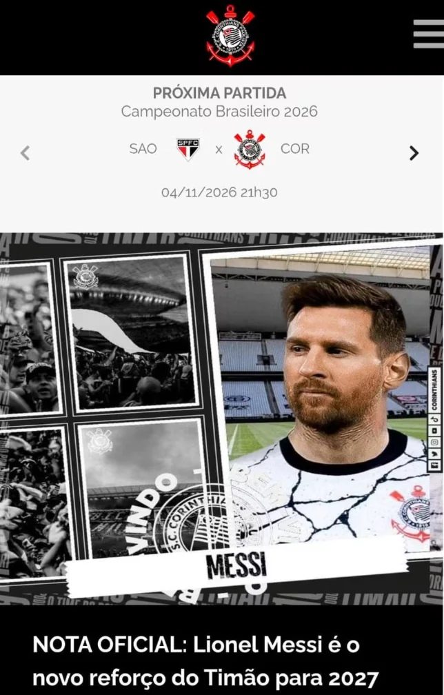 Site do Corinthians é hackeado e “anuncia” a contratação de Messi