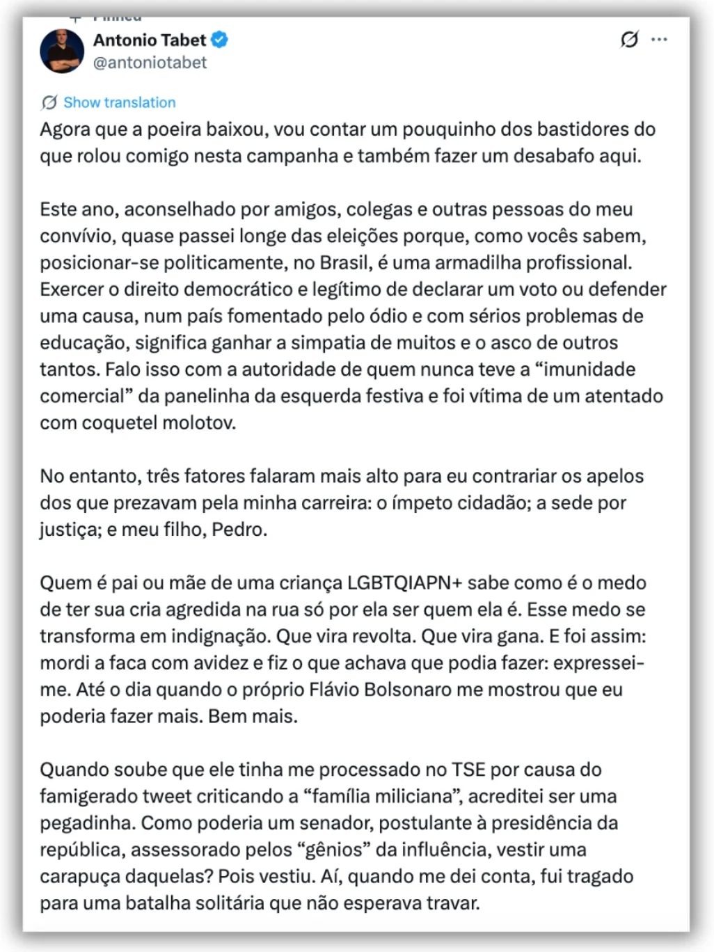 Tabet diz que escreveu respostas usadas por Lula contra Flávio em debate