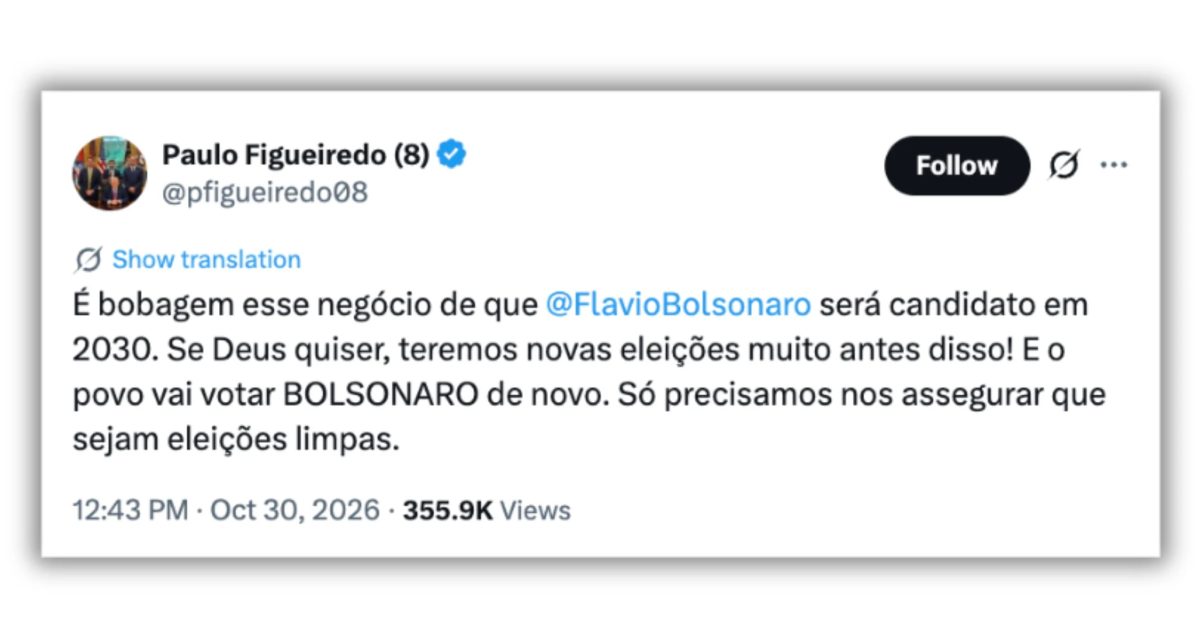 “Teremos novas eleições muito antes”, diz Figueiredo sobre Flávio em 2030