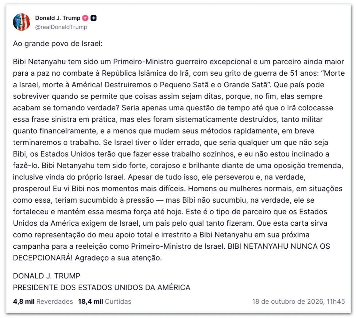 Trump declara apoio a Netanyahu nas eleições de Israel