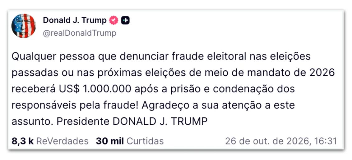 Trump promete US$ 1 milhão por denúncia de fraude eleitoral