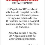 Vaticano confirma alta do papa Leão 14 depois de exames