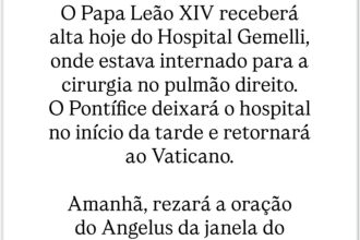 Vaticano confirma alta do papa Leão 14 depois de exames