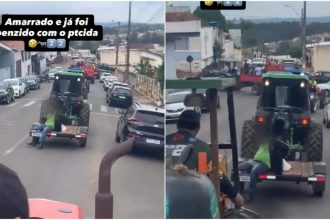 Vídeo mostra homem levando jato de água em trator durante carreata de apoiadores de Flávio Bolsonaro em MG: 'Vai ficar amarrado até segunda'