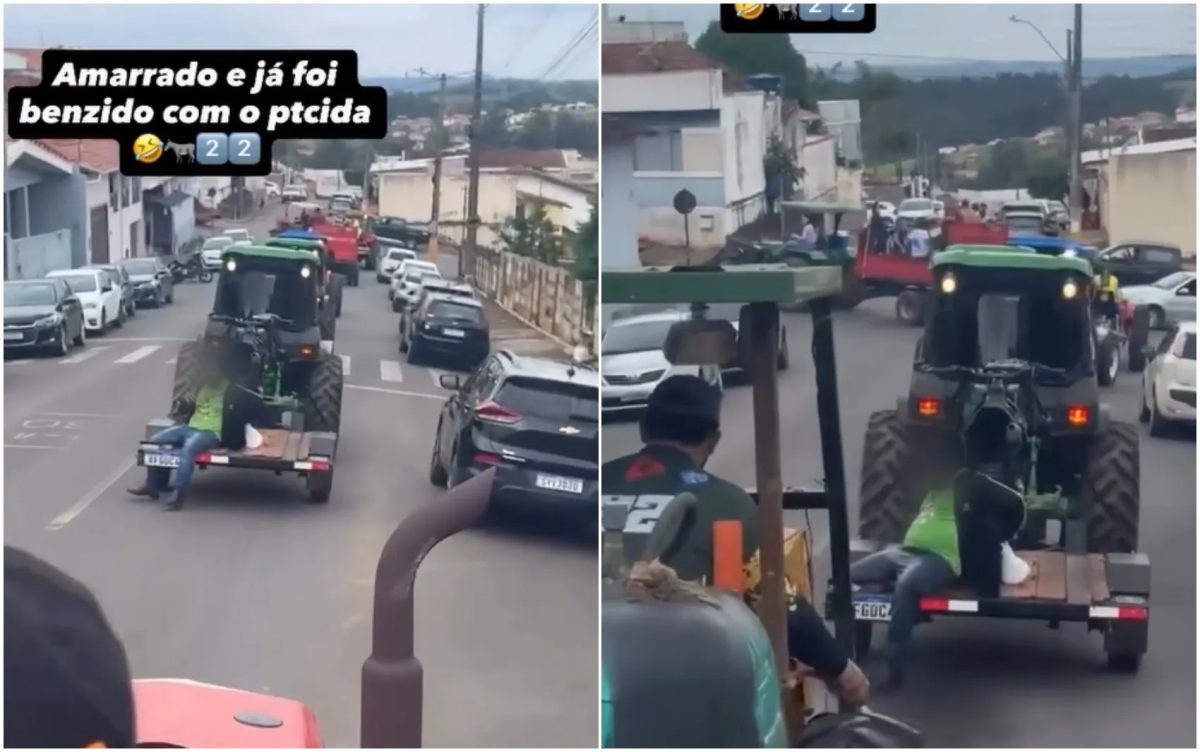 Vídeo mostra homem levando jato de água em trator durante carreata de apoiadores de Flávio Bolsonaro em MG: 'Vai ficar amarrado até segunda'