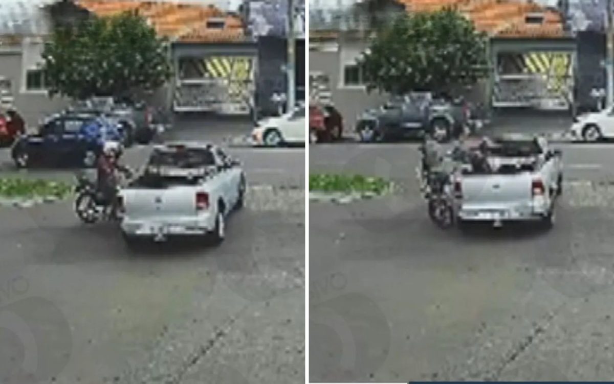 VÍDEO: Motociclista é levado por carroceria de pick-up após bater em carro que cruzou avenida